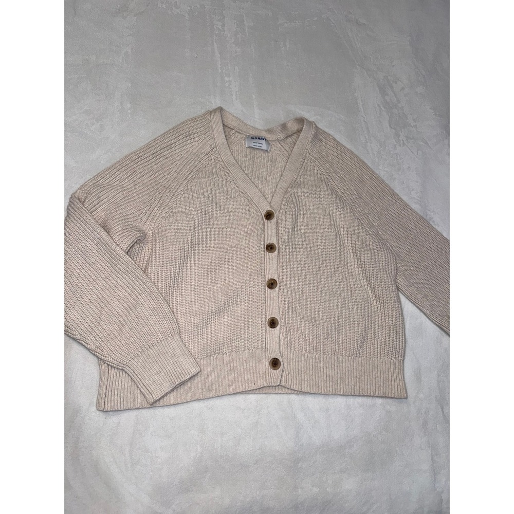 Old Navy Womens Oatmeal Beige Shaker Stitch 100% Cotton V-Neck Button Cardigan L
